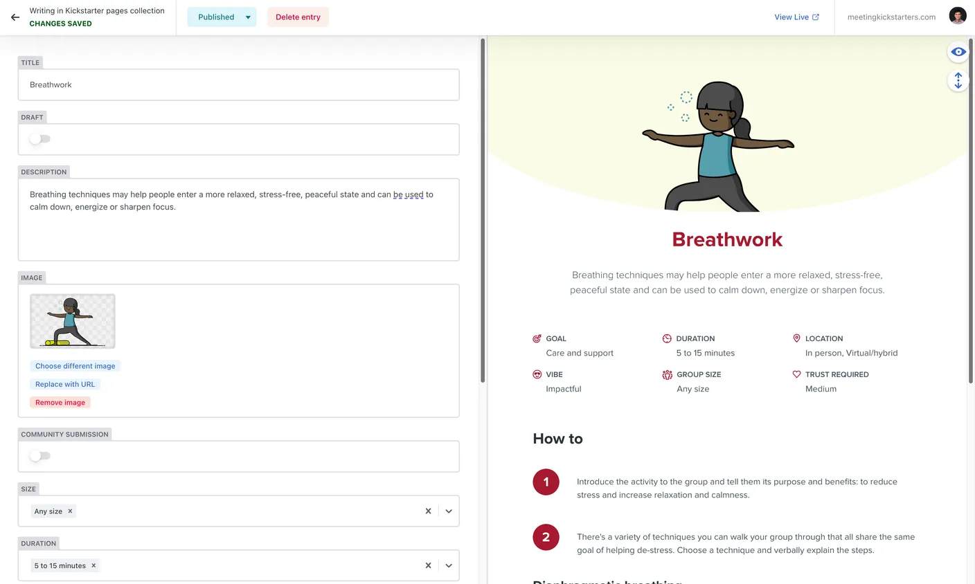 Screenshot of DecapCMS with a Meeting Kickstarter page