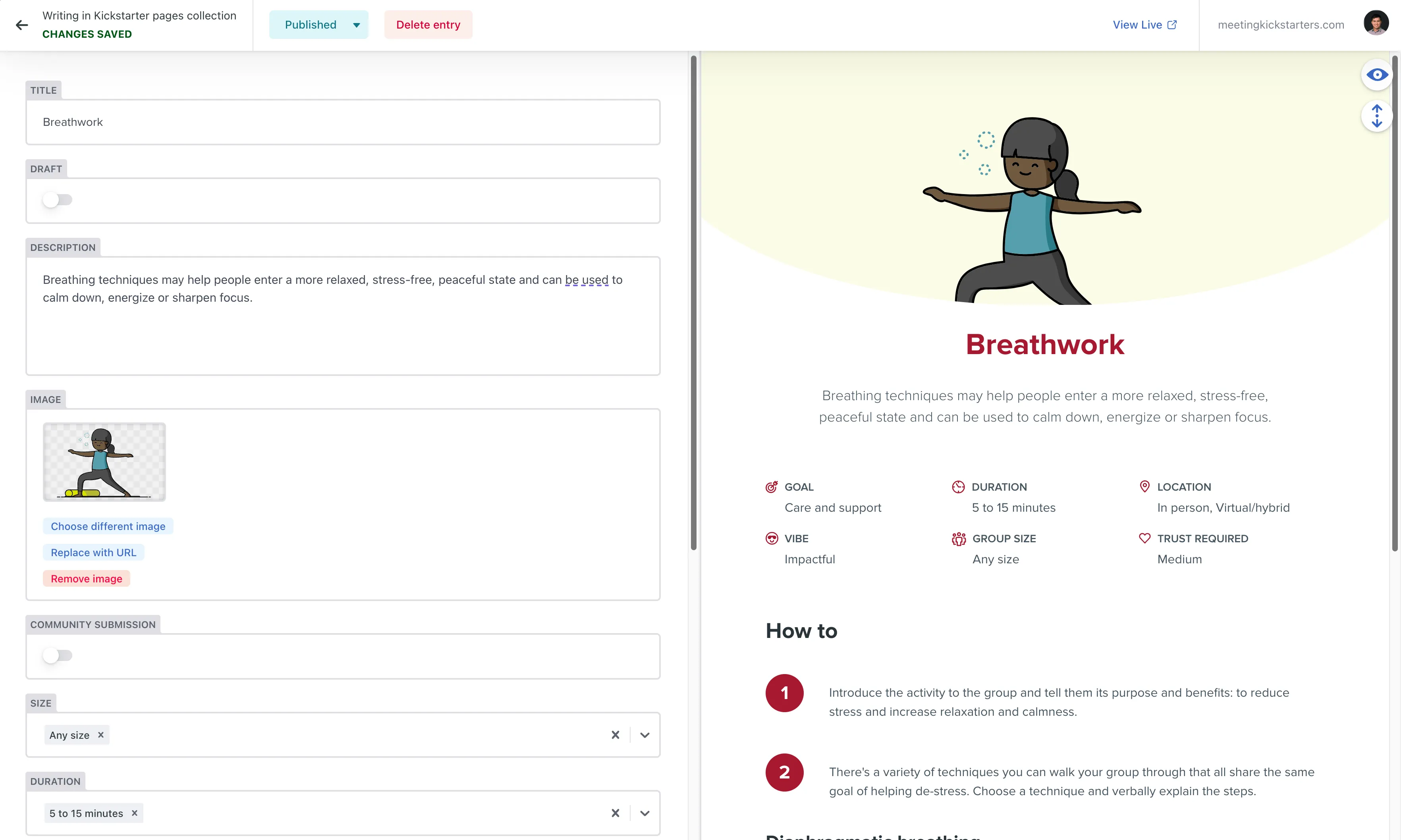 Screenshot of DecapCMS with a Meeting Kickstarter page